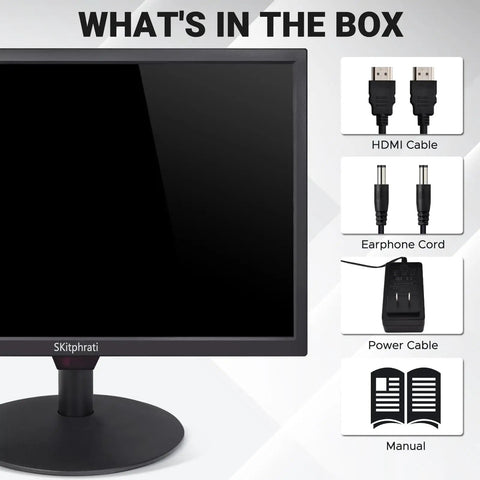 19 Inch HD 1440x900 LED Computer Monitor With Built In Speakers with HDMI, earphone, power cables, and manual shown