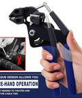 Beefy Pro Grade Heavy Duty Stainless Steel Cable Tie Gun Kit with 200 metal zip ties, shown in use for fastening and cutting.