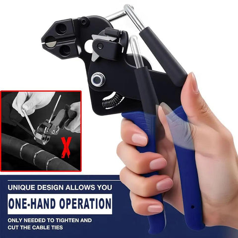 Beefy Pro Grade Heavy Duty Stainless Steel Cable Tie Gun Kit with 200 metal zip ties, shown in use for fastening and cutting.