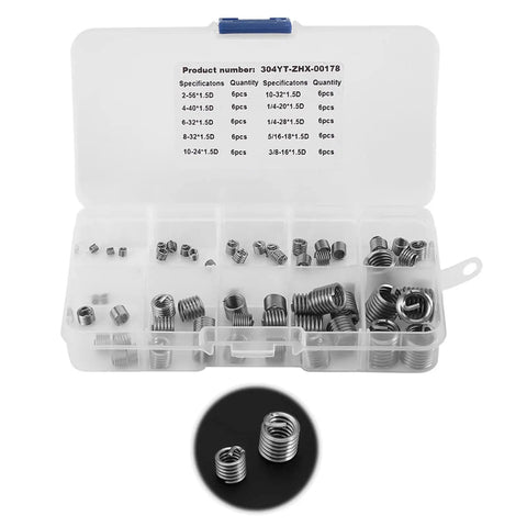 Wire Screw Sleeve Set, 60 Pieces, 304 Stainless Steel Thread Repair Inserts Kit With Plastic Box shown open with visible inserts.
