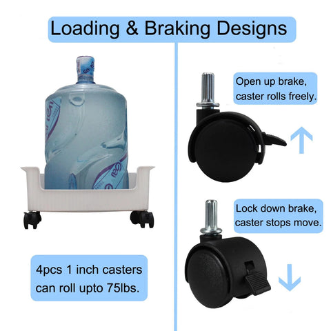 Pndbnq 4pcs 1-inch swivel caster wheels with locking brakes on a white plastic rolling cart; open/locked brake.