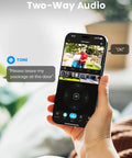 Hand holding phone app with Outdoor Solar Camera Security No Wires Needed With Fixed Solar Panel, showing live video feed and two-way audio feature.