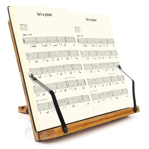 Bamboo Adjustable Book Stand With Tray And Clips, displaying an open music score, five angle positions, foldable and durable.