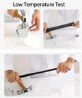 Low Temperature Test showing a hammer breaking ice and applying pressure with a black tool for durability testing.