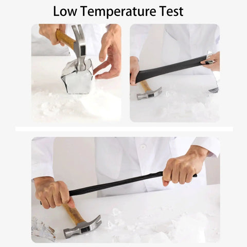 Low Temperature Test showing a hammer breaking ice and applying pressure with a black tool for durability testing.