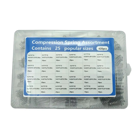 Heavy Duty Compression Springs Assortment Kit With 390 Pieces In 24 Sizing Options Made From Super Durable Stainless Steel Perfect For Any Tough Home Repair Or DIY Project That Needs Solid Maintenance And Quick Fixing Jobs Like A Pro. plastic case with labeled stainless steel compression springs, 420-piece assortment