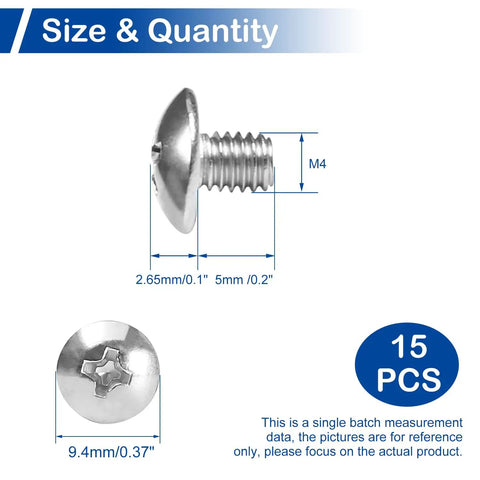 Kickass Premium 304 Stainless Steel Truss Head Machine Screws M4 X 5Mm Phillips Drive Fasteners, showing dimensions and details.