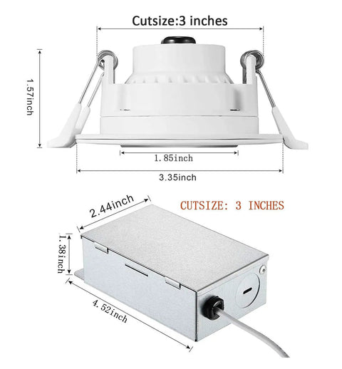 Three Inch Gimbal LED Recessed Light With Dimmable Canless Design EZ Install 8W Color Temperature Selectable 3000K 4000K 5000K 38 Degree Beam IC Rated ETL Ceiling Spotlight With Junction Box Pack Of Four including dimensions