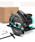 Shop Grade Heavy Duty Electric Circular Saw With 1500W Motor And 185mm Blade Includes Auxiliary Handle and Guide Rail, close-up view.