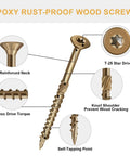 3 Inch Deck Screws For Outdoor Wood With Golden Brown Epoxy Coating Rust Resistant Exterior Decking Screws Size 10 By 3 Inch Torx Star Drive Head T25 Bit Included 55 Pcs 1 Lb showcasing features like reinforced neck and knurl shoulder.