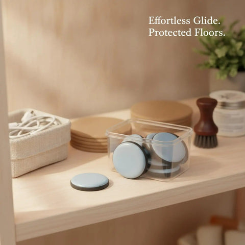 No-Slip PTFE Furniture Sliders With Adhesive Backing, 0.63 Inch Round Glide Pads on shelf for hardwood floors