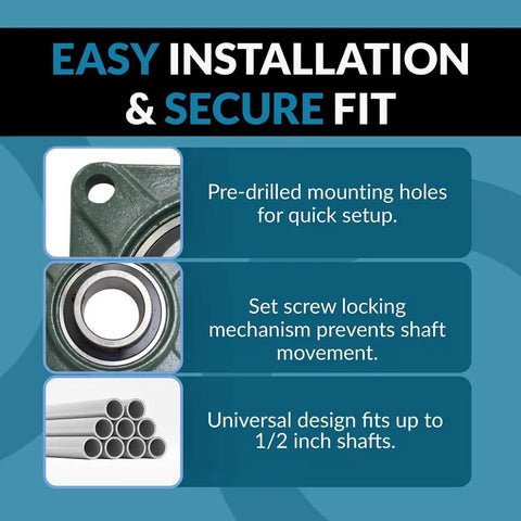 Two Pack Pillow Block Bearing Set With 1.5 Inch Bore Self Aligning Chrome Steel 52100 Square Flange Mounted Bearings features