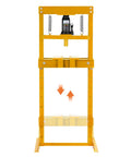 Heavy Duty 12 Ton Hydraulic Shop Press With Sturdy H Frame featuring adjustable worktable for axle straightening and bearing removal.