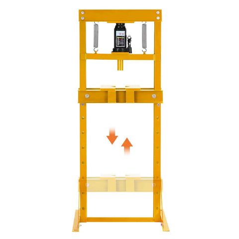 Heavy Duty 12 Ton Hydraulic Shop Press With Sturdy H Frame featuring adjustable worktable for axle straightening and bearing removal.