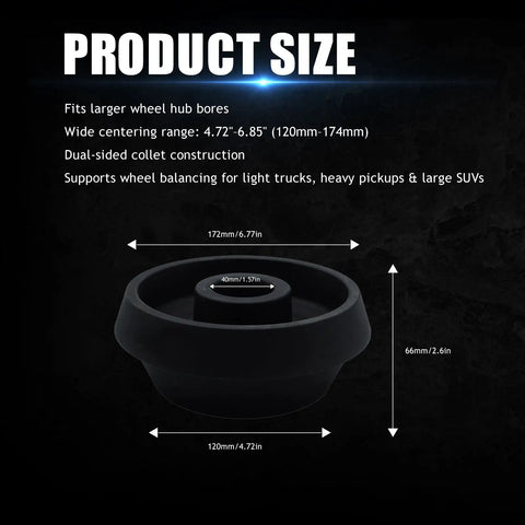 Heavy Duty 40Mm Wheel Balancer Centering Cone With Dual Collet Hub Centric Adapter For Light Trucks And Suvs showing size dimensions and construction.