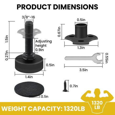 Adjustable Leveling Feet Set 4 Pack Three Eighths Inch 16 Threaded Heavy Duty Beefy Leg Levelers With T Nut Kit dimensions