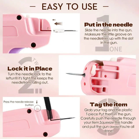 Instructions for using Clothes Stitch Gun Quick Fixer Kit for Easy DIY Mending and Tagging, Pro Grade Sewing Tool, pink color