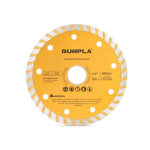 Yellow diamond cutting blade from Three Piece Four And One Half Inch Diamond Cutting Blade Set For Tile And Masonry Heavy Duty Continuous Segmented Turbo Rim Dry Or Wet Cutting Circular Saw And Angle Grinder Discs Seven Eighths Inch Arbor With Reducing Ring To Five Eighths Inch