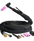 Air Cooled TIG Welding Torch With 13 Ft Cable 150A DC And 120A AC M16 Connector Two Pin Socket 0.02 To 3 Thirty Second Inch Electrode Range Heavy Duty Pro Grade Replacement Torch with accessories