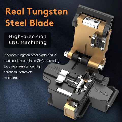 Heavy Duty Fiber Optic Cleaver With Razor Sharp Tungsten Steel Cutting Blade For Ftth Setup Jobs showing high-precision CNC machined steel blade.