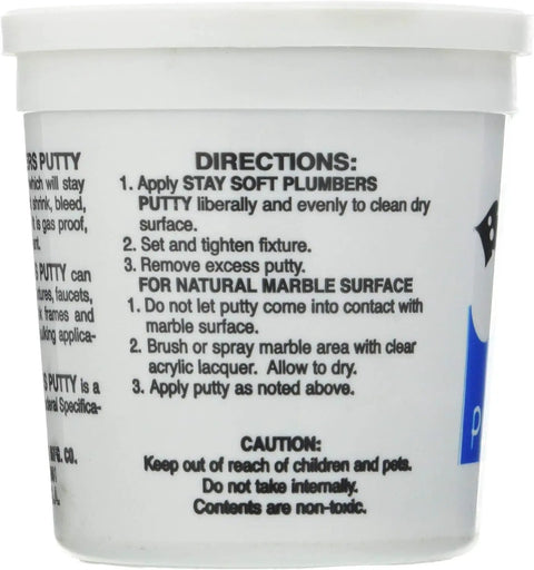 Stay Soft Plumber Putty 14oz container instructions with sealing directions and caution label, white container.