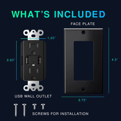 2-Pack Black USB Wall Outlet With Dual USB Ports 4.8A Total Fast Charge, 15 Amp Duplex, Tamper Resistant Electrical Receptacle dimensions