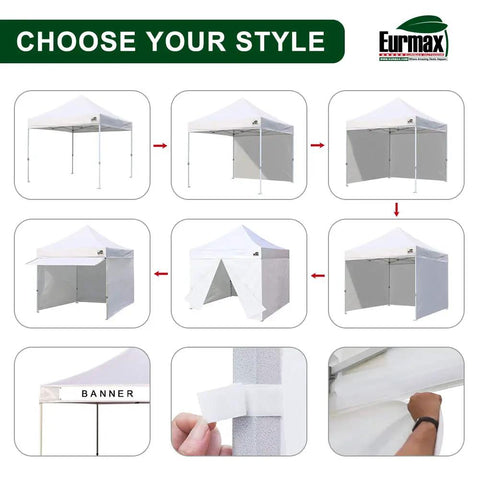 Multiple views of the 10x10 Pop Up Canopy Tent With No Tip Rolling Bag, Heavy Duty Instant Shelter Gazebo, with awning and removable walls