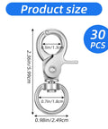 Front view of silver metal trigger snap hook with swiveling ring; 30-pack heavy-duty lanyard clips