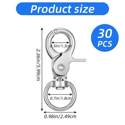 Front view of silver metal trigger snap hook with swiveling ring; 30-pack heavy-duty lanyard clips