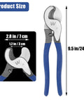 Hardcore Heavy Duty 10 Inch Cable Cutter dimensions showing 9.5 inch length, blue ergonomic handle, steel jaws for cutting cables.