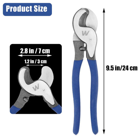 Hardcore Heavy Duty 10 Inch Cable Cutter dimensions showing 9.5 inch length, blue ergonomic handle, steel jaws for cutting cables.