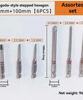 Image of Six Piece Heavy Duty Magnetic Hex Shank Screwdriver Bits Set Featuring Pagoda Shaped Sockets in assorted lengths.