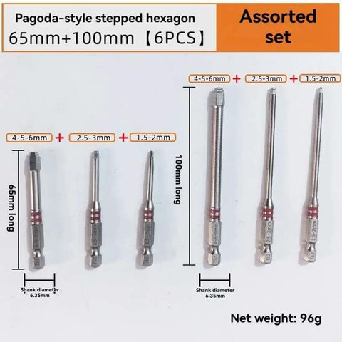 Image of Six Piece Heavy Duty Magnetic Hex Shank Screwdriver Bits Set Featuring Pagoda Shaped Sockets in assorted lengths.