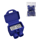 Premium Wire Connectors For Aluminum To Copper, Double Port Screw Terminal Housing With Ready Mixed Oxide Inhibitor Paste, Blue Electrical Splices 15 Pack in a storage case with a bag of connectors.