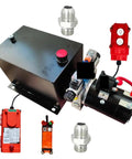 Heavy Duty 12V DC Hydraulic Power Unit With Double Acting Pump For Truck Lifts, remote control, 12-liter reservoir, accessories included.