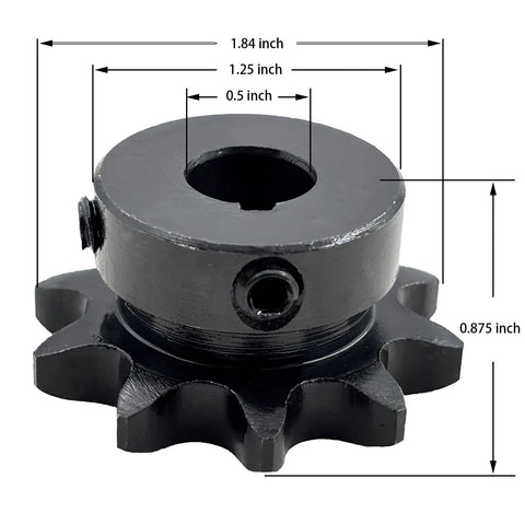 40B10-1/2 Heavy-Duty ANSI 40 Roller Chain Sprocket Type B, 1/2 Inch Bore, 10 Teeth, Hardened 1045 Steel, Rust-Resistant, Dimensions Shown