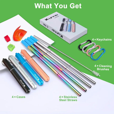 Go To Collapsible Metal Straw Set With Case For Travel And Cruise Ship Essentials Reusable Stainless Steel Straws With Silicone Tips And Keychains In Blue Black Rose Gold Silver.