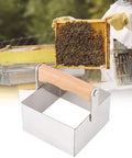 Stainless Steel Honeycomb Cutter For Beekeeping with beekeeping scene, rectangle honey cutter tool with smooth edges and wooden handle.