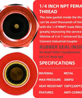 Close-up of Heavy Duty 5 In 1 Universal Quick Industrial Air Coupler With Dead Simple Setup And Knockout Durability For 1/4 Inch Female Npt Air Compressor Fittings Quick Connect Accessory In Bold Red showing rubber seal and specs.