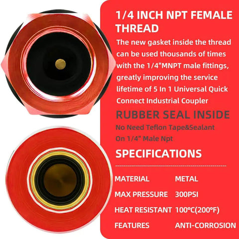 Close-up of Heavy Duty 5 In 1 Universal Quick Industrial Air Coupler With Dead Simple Setup And Knockout Durability For 1/4 Inch Female Npt Air Compressor Fittings Quick Connect Accessory In Bold Red showing rubber seal and specs.