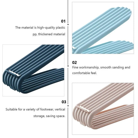 Close-up of Double Deck Vertical Shoe Slot Organizer With Adjustable Two Tier Design, showcasing sturdy plastic and textured grip.