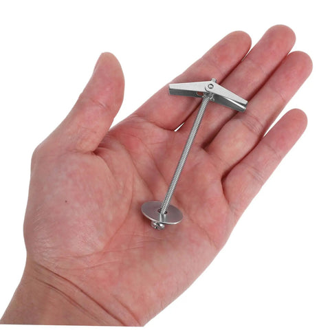 Heavy Duty Toggle Bolt Anchors With Wing Nuts Kit for Drywall held in hand, showing size and sturdy carbon steel material.