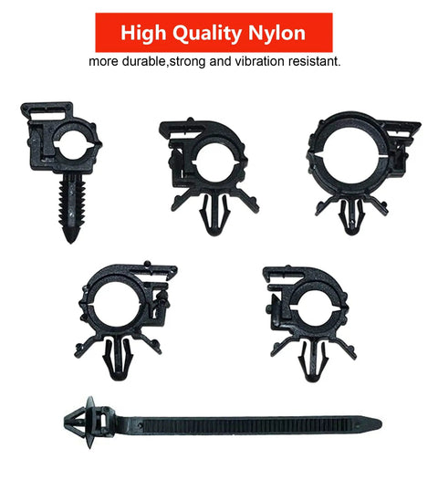 Heavy Duty Nylon Wire Harness Routing Clip Kit 60 Piece Universal Wire Loom Clips for Vehicle Wiring Compatible with Honda GM Mazda Jeep Ford Imports Vibration Resistant and Durable for Clean Neat Routing displayed.