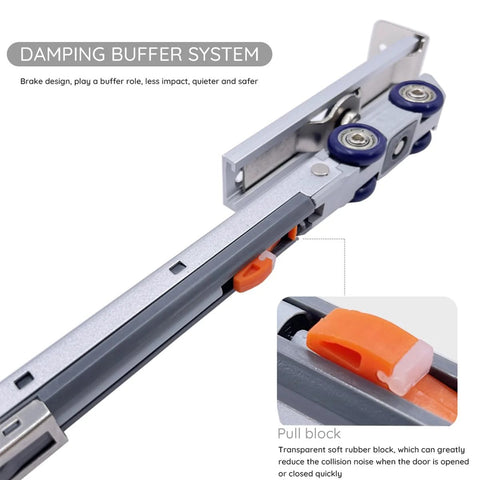 Soft Close Pocket Door Slide Hardware And Track Set For Barn Doors With Heavy Duty Hanger And Bilateral Four Wheel Dual Damping 47 Inch Track Single Door Load Rating Up To 143 Lbs Space Saving Slider System with damping buffer mechanism close-up