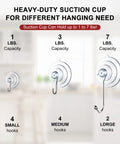 10 Pack Suction Cup Hooks Set In Three Sizes Clear PVC With Stainless Steel Removable And Reusable Waterproof Hangers For Kitchen Windows Bathrooms Glass Doors And All Wall Surfaces, showing different sizes and capacities.