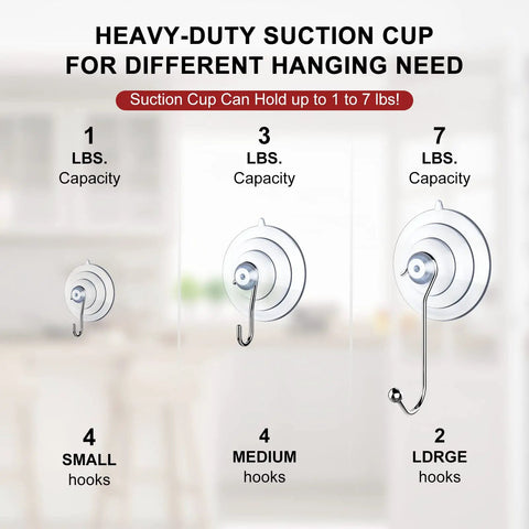10 Pack Suction Cup Hooks Set In Three Sizes Clear PVC With Stainless Steel Removable And Reusable Waterproof Hangers For Kitchen Windows Bathrooms Glass Doors And All Wall Surfaces, showing different sizes and capacities.