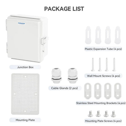 Outdoor IP67 Weatherproof Junction Box With Hinged Gray Cover And Stainless Steel Latch, including mounting accessories