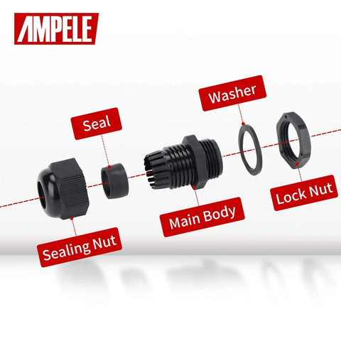 100 Pack Waterproof Cable Glands For 6-12mm Cables, PG13.5 Nylon Glands With Gaskets, IP68 Rated, Adjustable Tightening, Outdoor And Indoor Use, Black exploded view with seal and lock nut