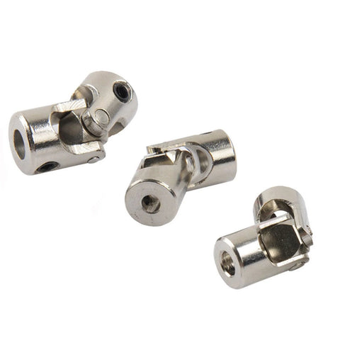 Universal joint shaft couplers, three-piece set for RC cars, chrome metal, 4 mm to 3.175 mm bore.