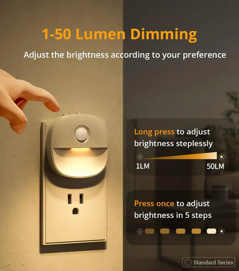 Plug In Night Light With Motion Sensor And Dusk To Dawn Sensor Dimmable Warm Nightlight With Auto On In The Dark No Brainer Brightness from 1 to 50 Lumens Indoor Use For Bedroom Bathroom Hallway Stairs 4 Pack showing brightness adjustment chart.